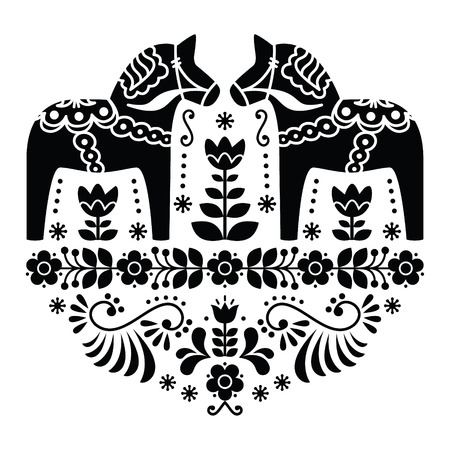   Swedish Dala or Daleclarian horse floral folk pattern in black and white  のイラスト素材
