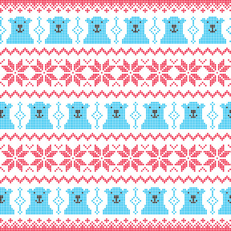 Winter, Christmas red and bear seamless pixelated pattern with polar bearsのイラスト素材