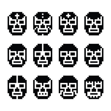 Lucha Libre, luchador pixelated Mexican wrestling masks black icons のイラスト素材