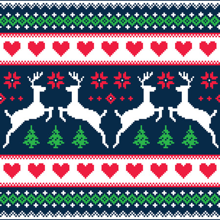 Winter, Christmas seamless pixelated pattern with deer and heartsのイラスト素材