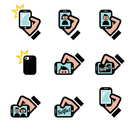 Selfie, taking photos with smartphones for social media icons setのイラスト素材