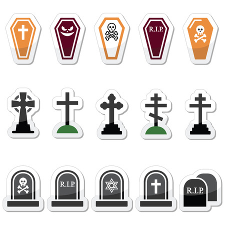 Halloween, graveyard icons set - coffin, cross, graveのイラスト素材