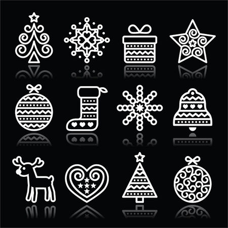 Christmas white icons with stroke on blackのイラスト素材