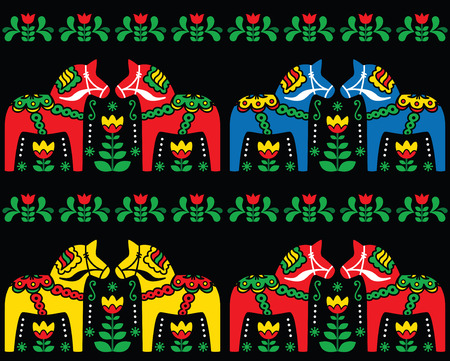 Swedish Dala horse folk art seamless pattern on blackのイラスト素材
