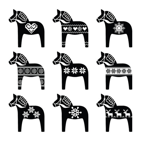 Swedish Dala, Dalecarlian horse with winter, Nordic patternのイラスト素材