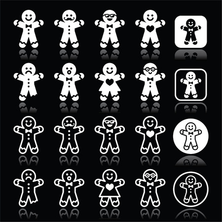 Vector icons set of gingerbread man for Xmas isolated on blackのイラスト素材
