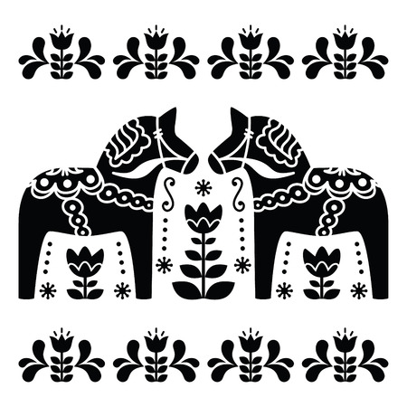 Swedish Dala or Daleclarian horse black and white folk art patternのイラスト素材