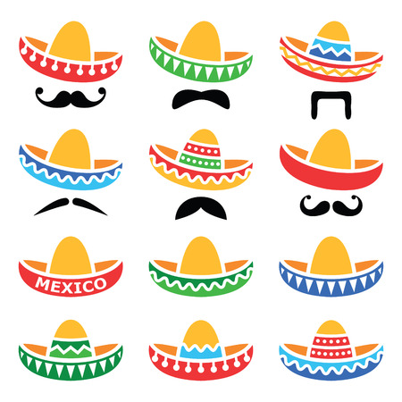Mexican Sombrero hat with moustache or mustache iconsのイラスト素材
