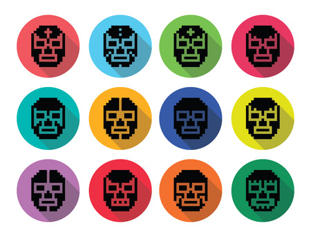 Lucha Libre, luchador pixelated Mexican wrestling masks black iconsのイラスト素材