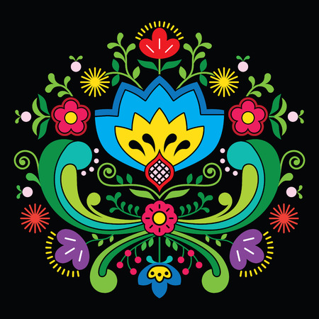 Norwegian folk art Bunad pattern - Rosemaling style embroidery on black