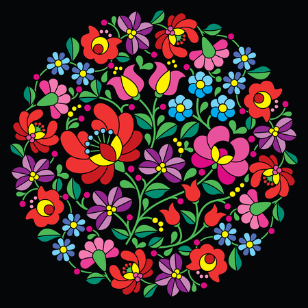 Kalocsai folk art embroidery - red Hungarian round floral pattern on blackのイラスト素材