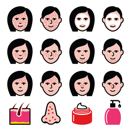 Skin problems - acne, spots treatment icons setのイラスト素材