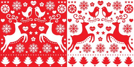 Christmas red greetings card pattern with reindeer - folk art styleのイラスト素材