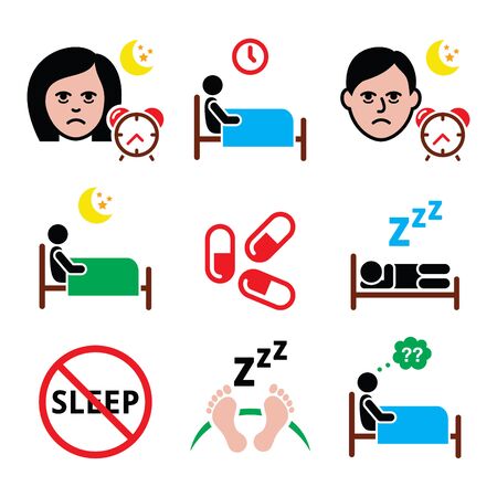 Insomnia, people having trouble with sleeping icons setのイラスト素材