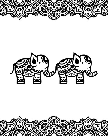 Mehndi, Indian Henna tattoo design with elephants - greetings card, poster, lace ornamentのイラスト素材