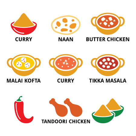 Indian food and dishes - curry, naan bread, butter chicken iconsのイラスト素材