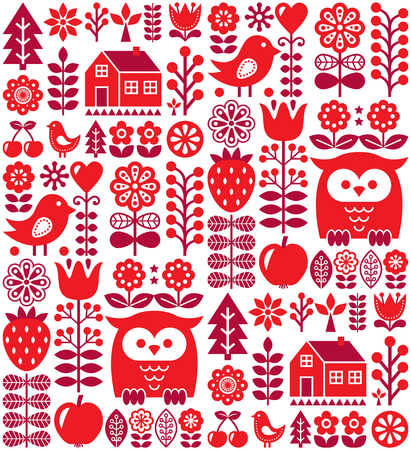 Scandinavian seamless pattern - red Finnish folk art, Nordic styleのイラスト素材