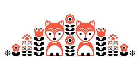 Scandinavian cute folk pattern with fox and flowers - Finnish inspired, Nordic styleのイラスト素材