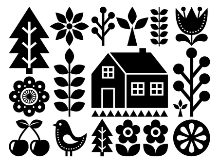 Scandinavian, Nordic folk art pattern - inspired by Finnish art, black and whiteのイラスト素材