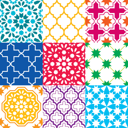 Moroccan tiles design, seamless geometric pattern collections in blue, green, red, orange, navy blueのイラスト素材