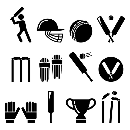 Cricket bat, man playing cricket, cricket equipment - sport icons setのイラスト素材
