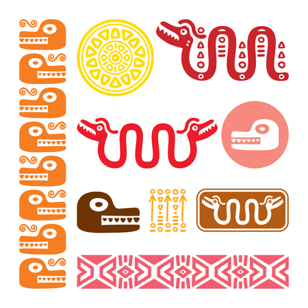 Aztec animals, Mayan snake, ancient Mexican design set.のイラスト素材