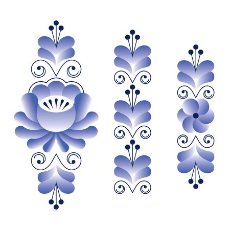 Russian folk art pattern - Gzhel ceramics style, blue floral stripesのイラスト素材