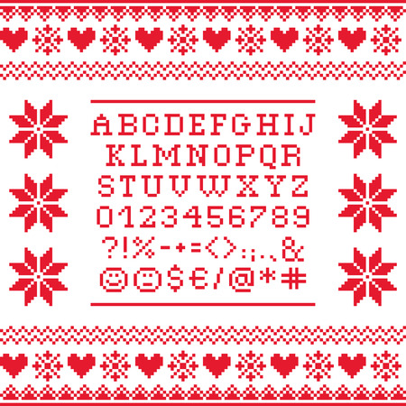 Cross stitch uppercase alphabet with numbers and symbols pattern, embroidery designのイラスト素材
