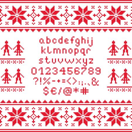 Cross stitch lowercase alphabet with numbers and symbols pattern, embroidery designのイラスト素材