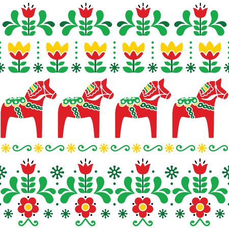 Swedish Dala horse pattern, Scandinavian seamless folk art design with flowersのイラスト素材