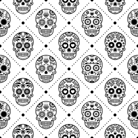 Halloween seamless pattern, Mexican sugar skull vector design, Dia de los Muertos, Calavera backgroundのイラスト素材