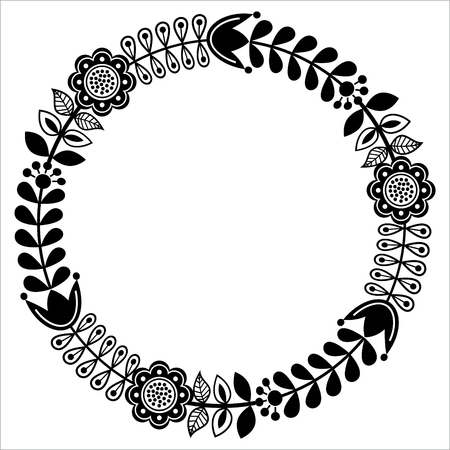 Finnish floral folk art round pattern - black design, Nordic, Scandinavian styleのイラスト素材