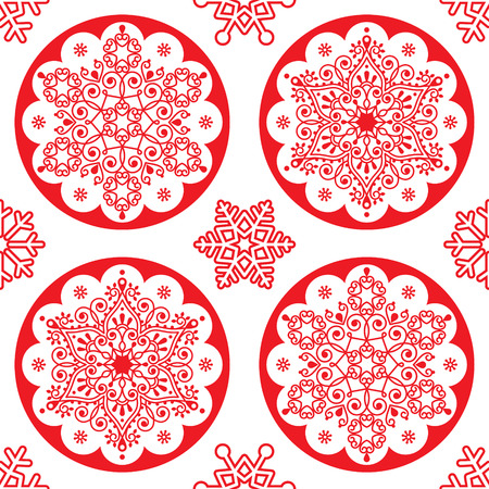 Christmas vector folk pattern - red snowflake mandala seamless pattern, Scandinavian style Xmas wallpaper, wrapping paper or textileのイラスト素材