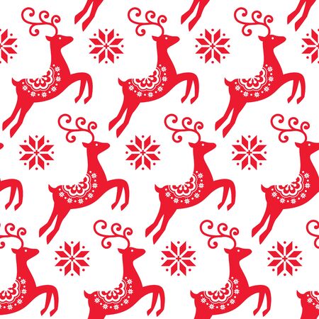 Scandinavian folk art Christmas vector pattern, Nordic red seamless design with reindeer and snowflakesのイラスト素材