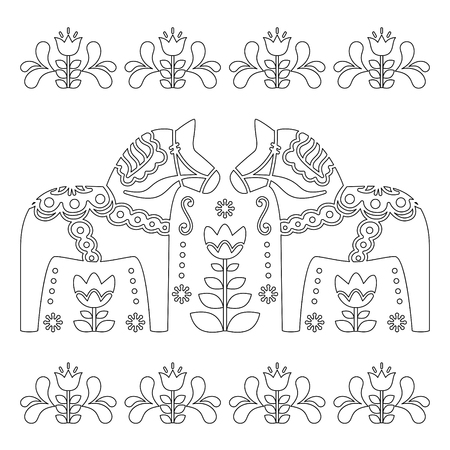 Scandinavian outline vector design, Swedish Dala or Dalecarlian horse pattern, coloring book for adultsのイラスト素材