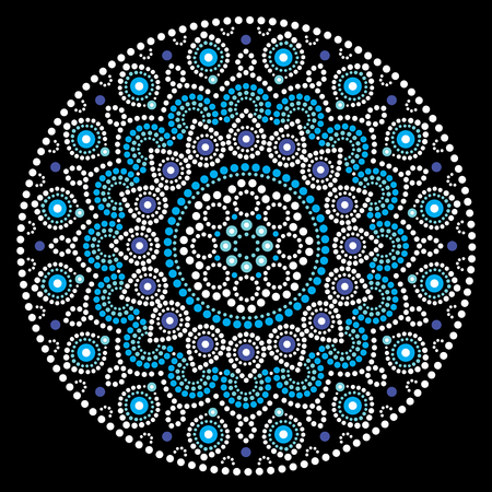 Mandala vector art, Australian dot painting white and blue design, Aboriginal folk art bohemian styleのイラスト素材
