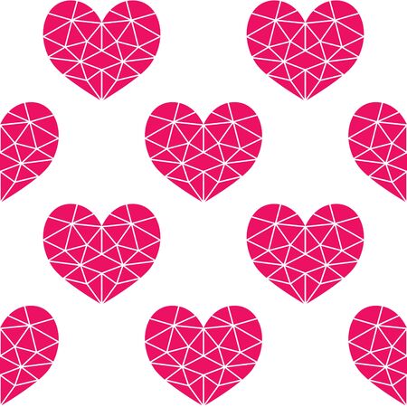 Geometric pink cubic heart vector seamless pattern, Valentine's Day hearts on white background