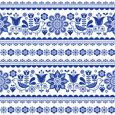 Scandinavian seamless vector pattern with flowers and birds, folk art nouveau repetitive navy blue ornamentのイラスト素材