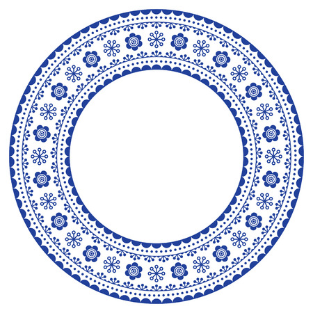 Scandinavian round ornamental frame, vector folk art design, floral composition in navy blueのイラスト素材