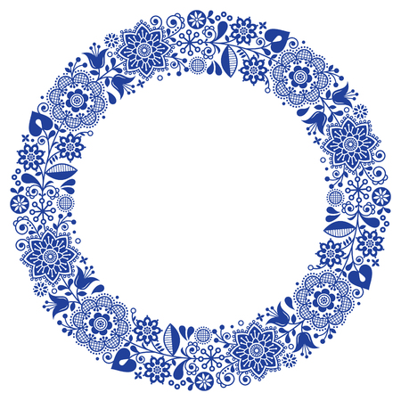 Folk art floral werteth, vector ornamental round frame, Scandinavian design with flowers in circle, ethnic compositionのイラスト素材