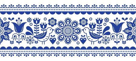 Scandinavian seamless vector pattern with flowers and birds, folk art nouveau repetitive navy blue ornamentのイラスト素材