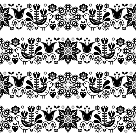 Folk art seamless vector floral pattern, Scandinavian black and white repetitive design, Nordic ornament.のイラスト素材