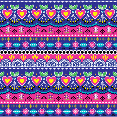 Indian seamless vector pattern, Pakistani truck art design, navy blue and pink ornament with flowers and abstract shapesのイラスト素材