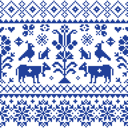 Cross stitch vector seamless folk art pattern - repetitive background inspired Swiss old style retro embroidery with flowers and animalsのイラスト素材