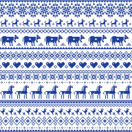 Retro traditional cross-stitch vector seamless pattern - repetitive background inspired Swiss old style embroidery with flowers and animalsのイラスト素材