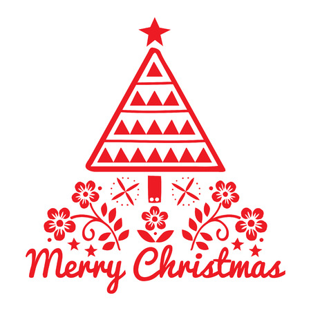 Christmas folk art greeting card with Xmas tree and flowers pattern in red on white background - Merry Christmas decorationのイラスト素材
