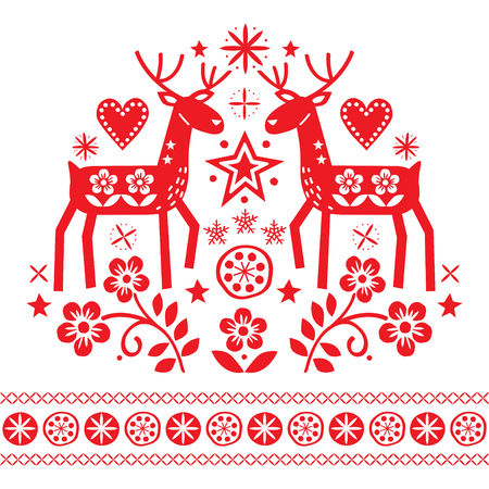 Christmas vector design with reindeer, flowers, Scandinavian folk art pattern in red on white background - Merry Christmas decorationのイラスト素材