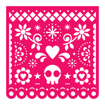 Mexican Papel Picado vector design, pink retro paper fiesta decoration from Mexico with skull, flowers and geometric shapesのイラスト素材