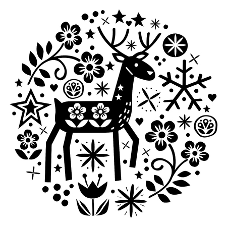 Christmas vector round design with reindeer, flowers, cute Scandinavian folk art pattern in black on white background - Merry Christmas decorationのイラスト素材