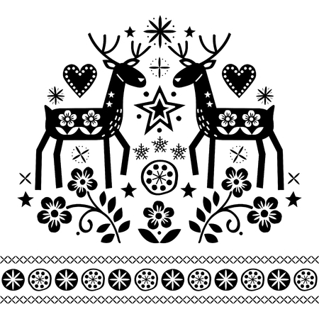 Christmas vector design with reindeer, flowers, Scandinavian folk art pattern in black on white background - Merry Christmas decorationのイラスト素材